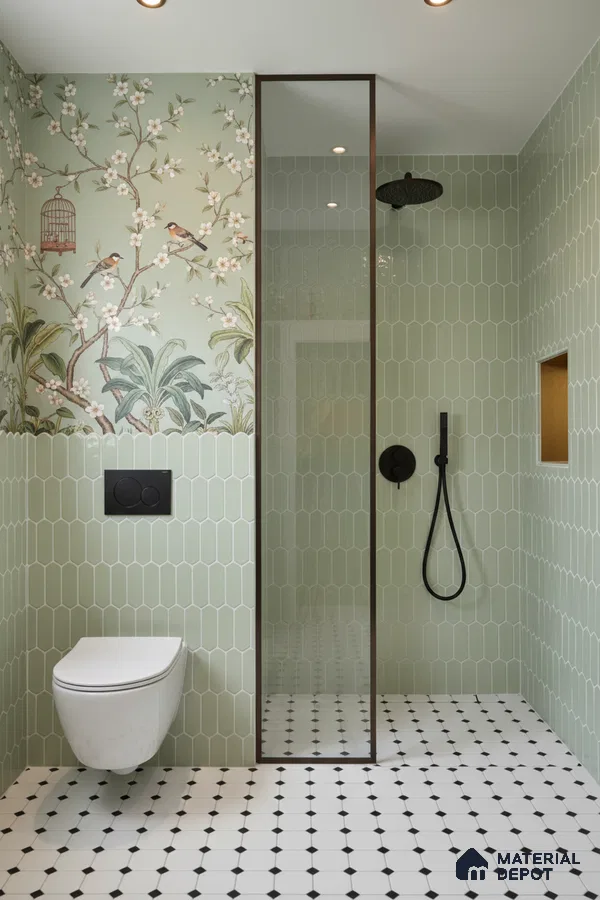 Modern bathroom with sage green elongated hexagonal wall tiles, chinoiserie floral wallpaper, and black-and-white geometric floor tiles | Material Depot