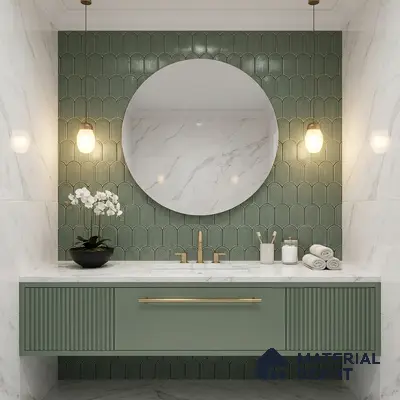 Modern bathroom with sage green fluted vanity, marble wall tiles, and geometric green accent tile
