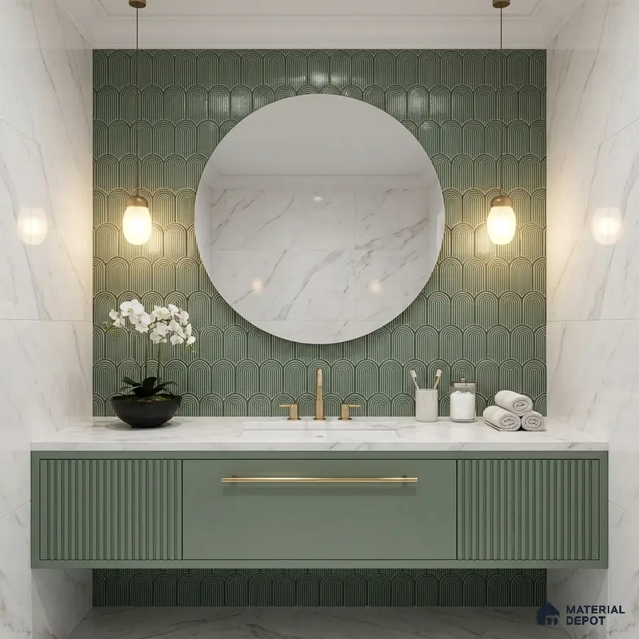 Modern bathroom with sage green fluted vanity, marble wall tiles, and geometric green accent tile