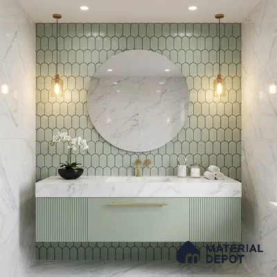 Modern bathroom with sage green fluted vanity, marble-look wall tiles, and scallop patterned green wall tiles