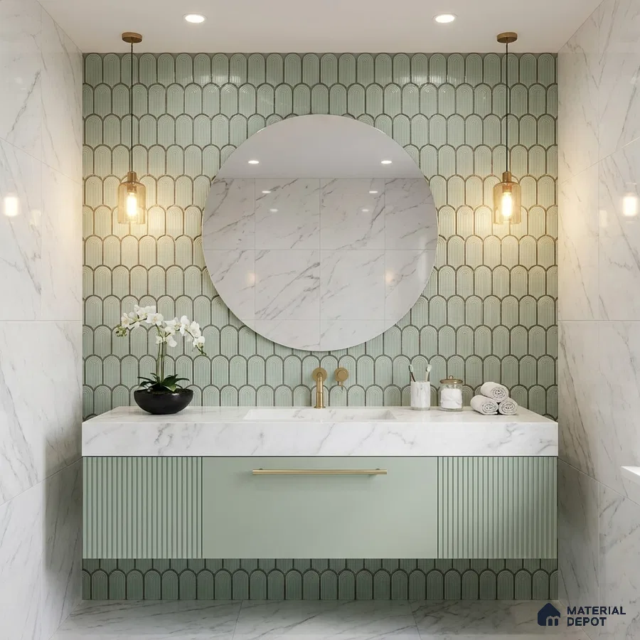 Modern bathroom with sage green fluted vanity, marble-look wall tiles, and scallop patterned green wall tiles