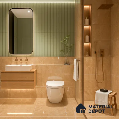 Modern bathroom with sage green fluted wall tile and beige marble-look floor and wall tiles in Purva Midtown B-Narayanapura 3 BHK Bengaluru Apartment