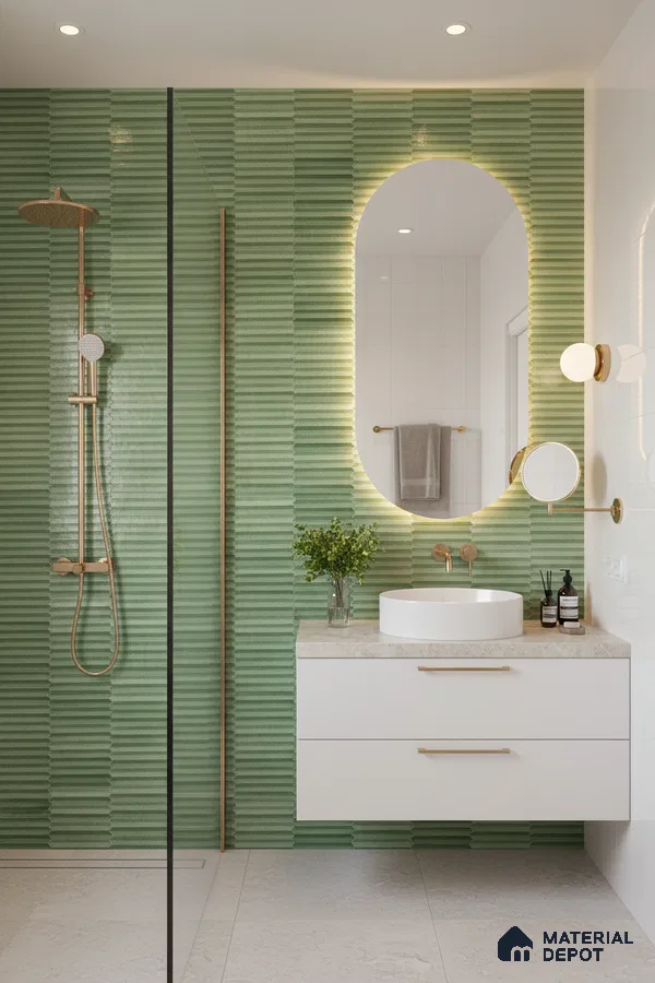 Modern bathroom with sage green fluted wall tiles and white floating vanity | Material Depot