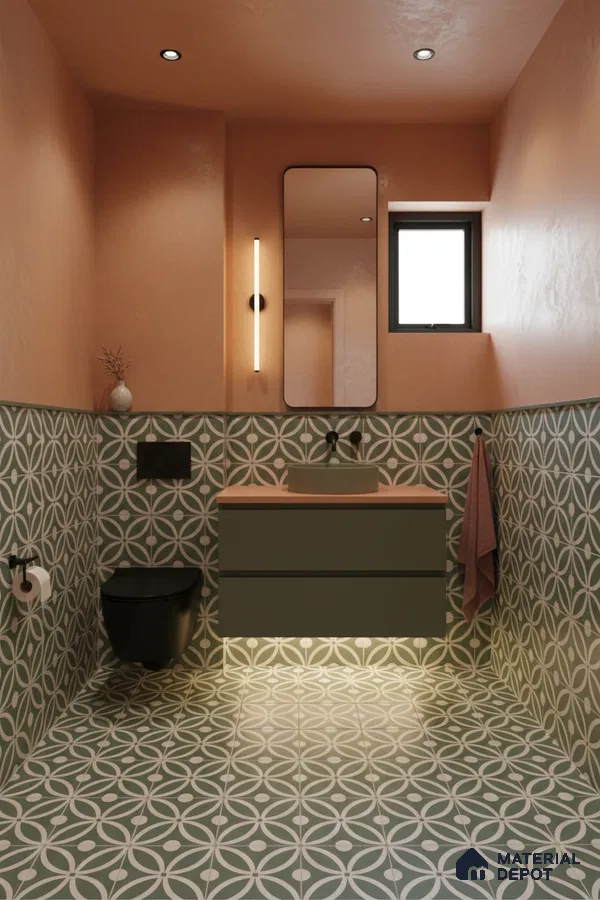 Modern bathroom with sage green geometric patterned tiles and terracotta wall paint in Bengaluru | Material Depot