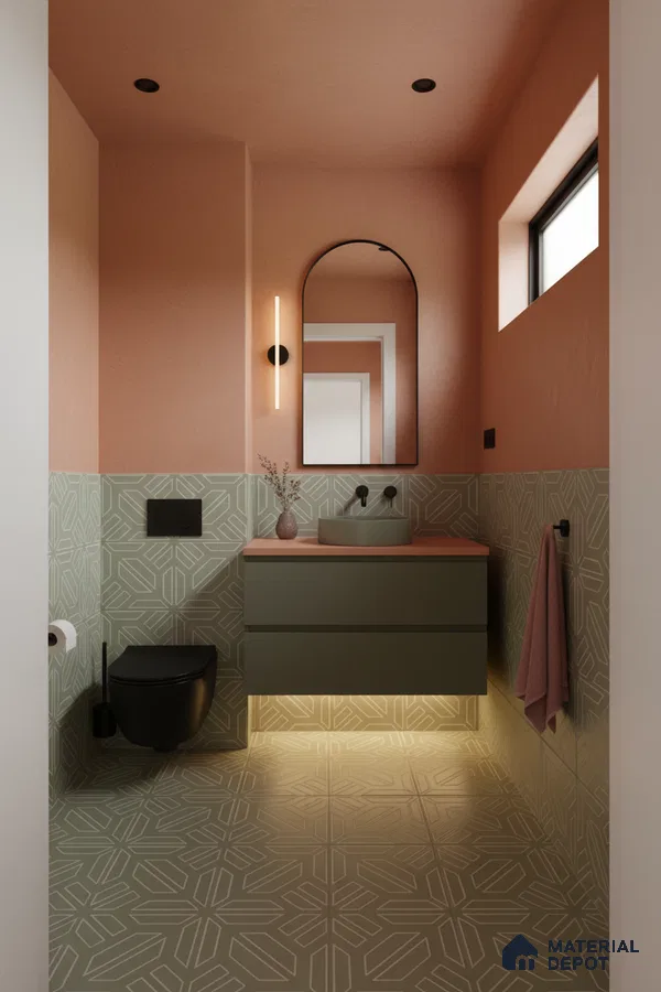 Modern bathroom with sage green geometric tiles and matte olive floating vanity in Bengaluru | Material Depot