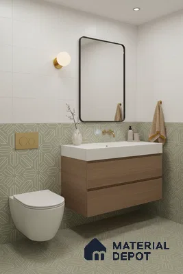 Modern bathroom with sage green geometric tiles, white wall tiles, and wood vanity in Bengaluru | Material Depot