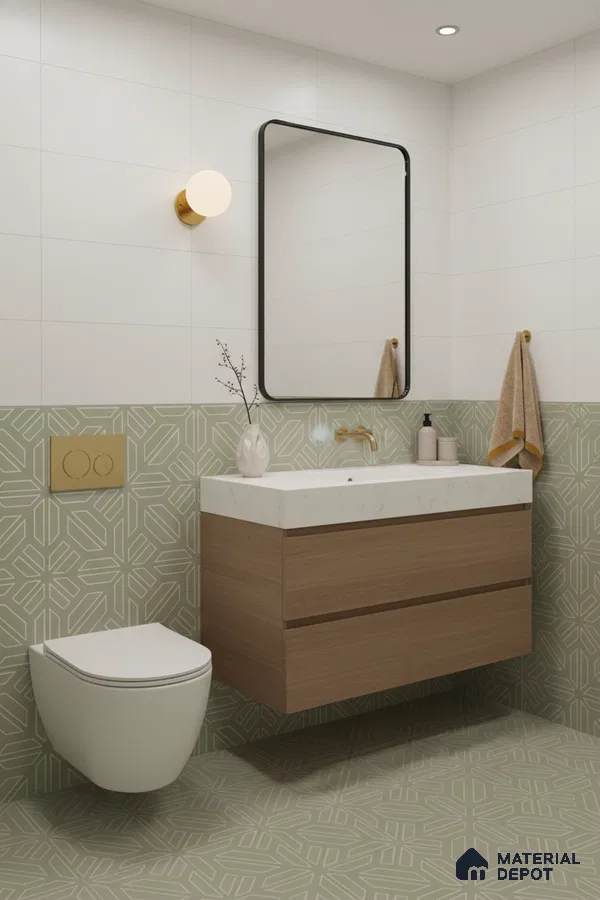 Modern bathroom with sage green geometric tiles, white wall tiles, and wood vanity in Bengaluru | Material Depot