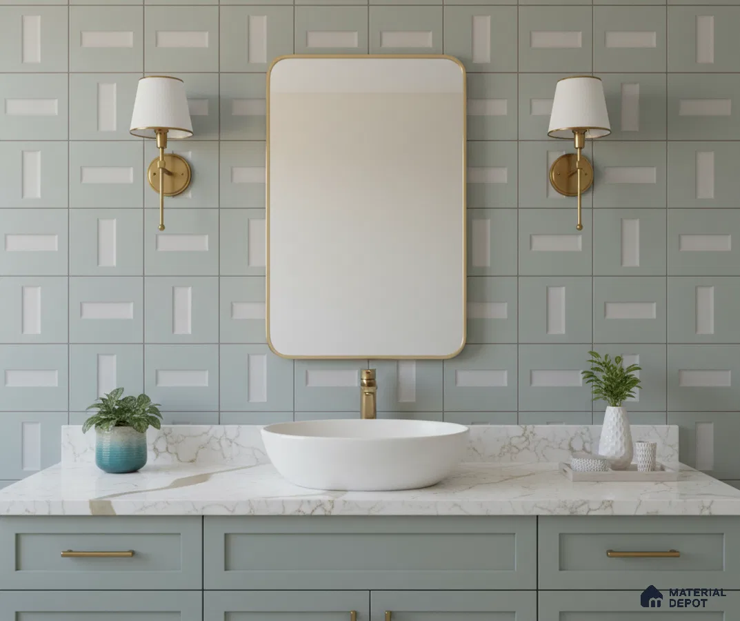 Modern bathroom with sage green geometric wall tiles and white marble countertop