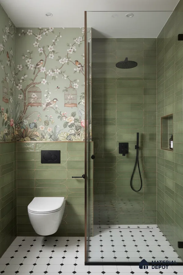 Modern bathroom with sage green geometric wall tiles, floral chinoiserie wallpaper, and black-and-white geometric floor tiles | Material Depot