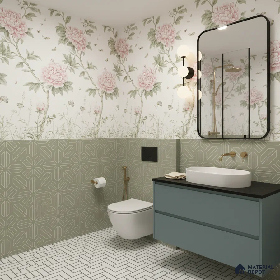 Modern bathroom with sage green geometric wall tiles, floral wallpaper, and white herringbone floor tiles in Bengaluru | Material Depot
