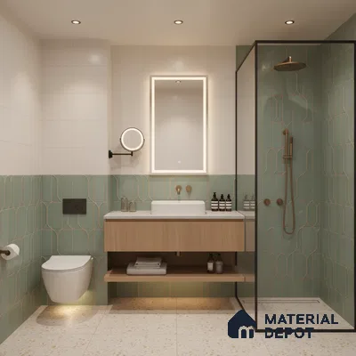Modern bathroom with sage green geometric wall tiles, terrazzo floor tiles, and floating wood vanity | Material Depot