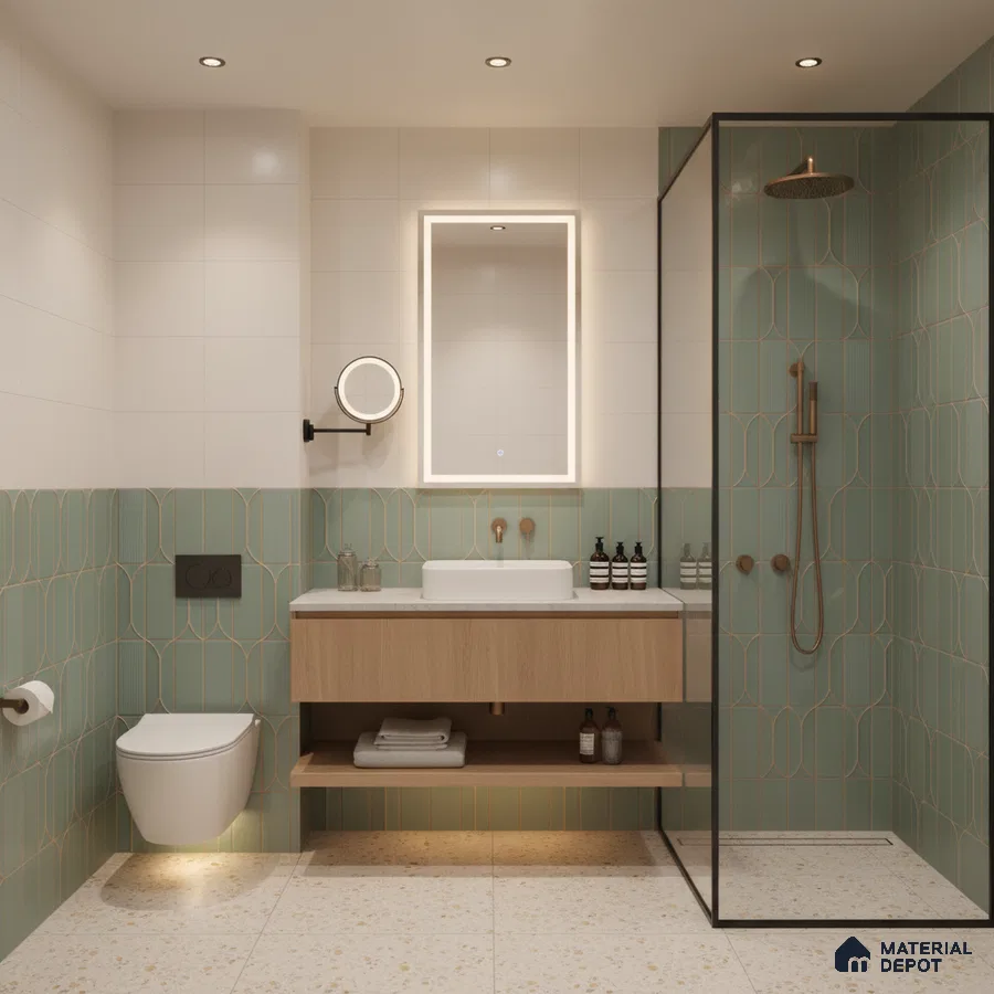 Modern bathroom with sage green geometric wall tiles, terrazzo floor tiles, and floating wood vanity | Material Depot