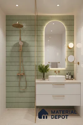 Modern bathroom with sage green kitkat wall tiles and beige stone countertop | Material Depot