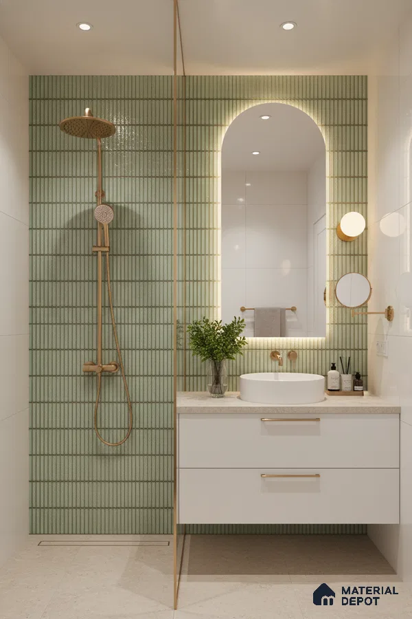 Modern bathroom with sage green kitkat wall tiles and beige stone countertop | Material Depot