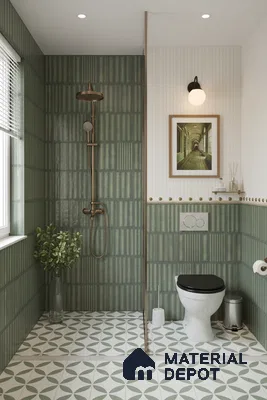Modern bathroom with sage green kitkat wall tiles and geometric patterned floor tiles | Material Depot