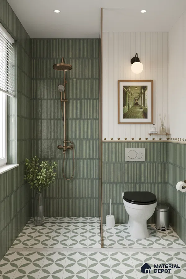 Modern bathroom with sage green kitkat wall tiles and geometric patterned floor tiles | Material Depot