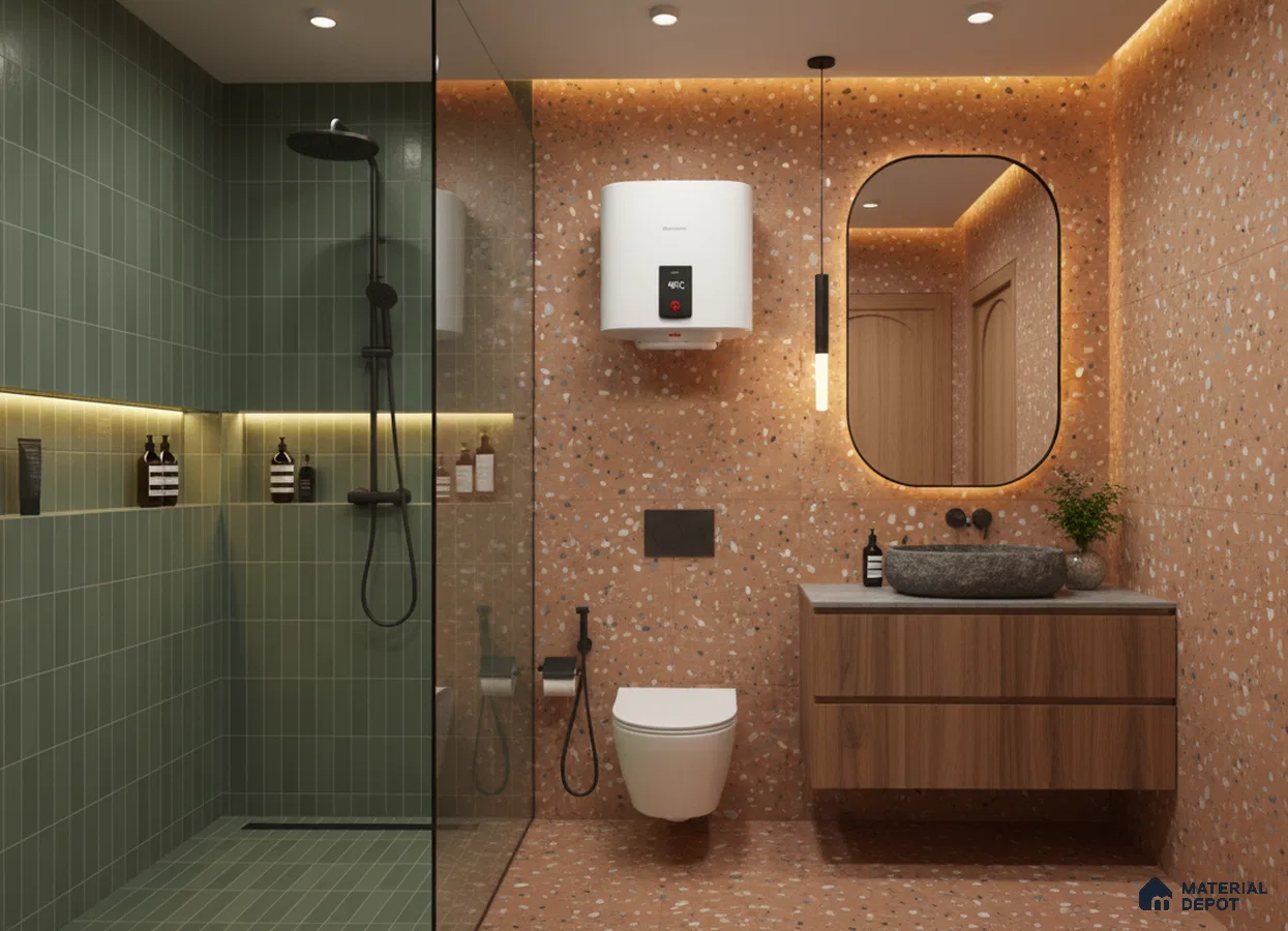 Modern bathroom design with sage green kitkat wall tiles and terracotta terrazzo floor and wall tiles in Bengaluru | Material Depot