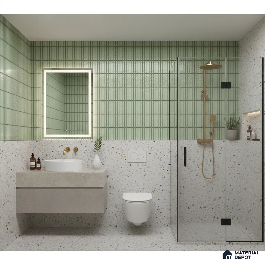 Modern bathroom with sage green kitkat wall tiles and terrazzo wall and floor tiles | Material Depot