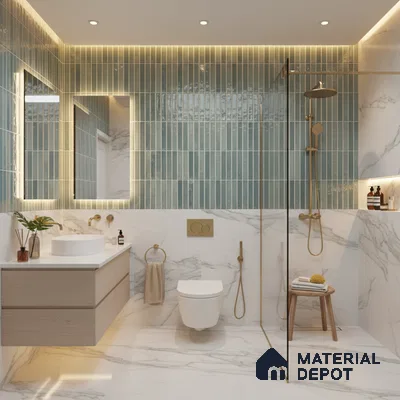 Modern bathroom with sage green kitkat wall tiles and white marble-look floor and wall tiles | Material Depot