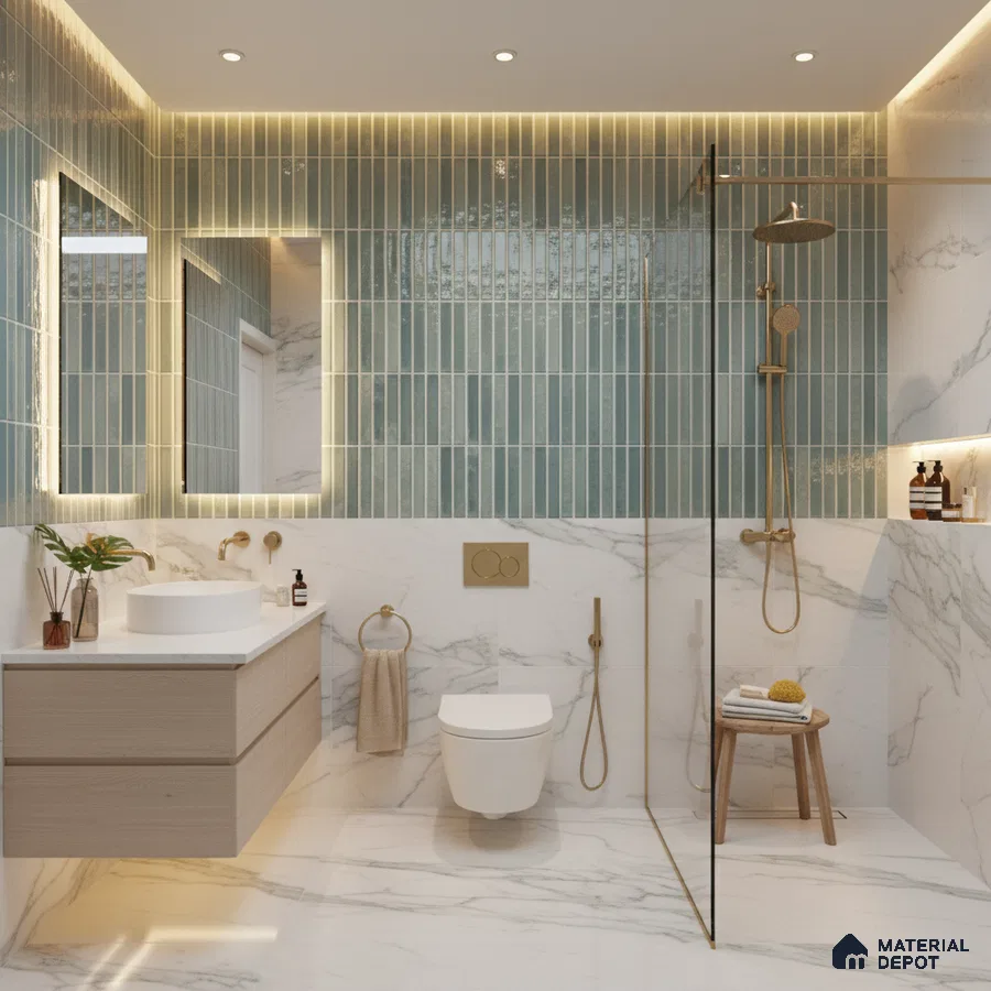 Modern bathroom with sage green kitkat wall tiles and white marble-look floor and wall tiles | Material Depot