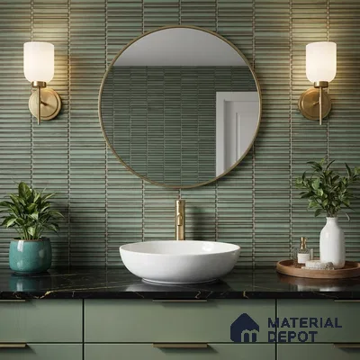 Modern bathroom with sage green kitkat wall tiles, black marble countertop, and sage green vanity