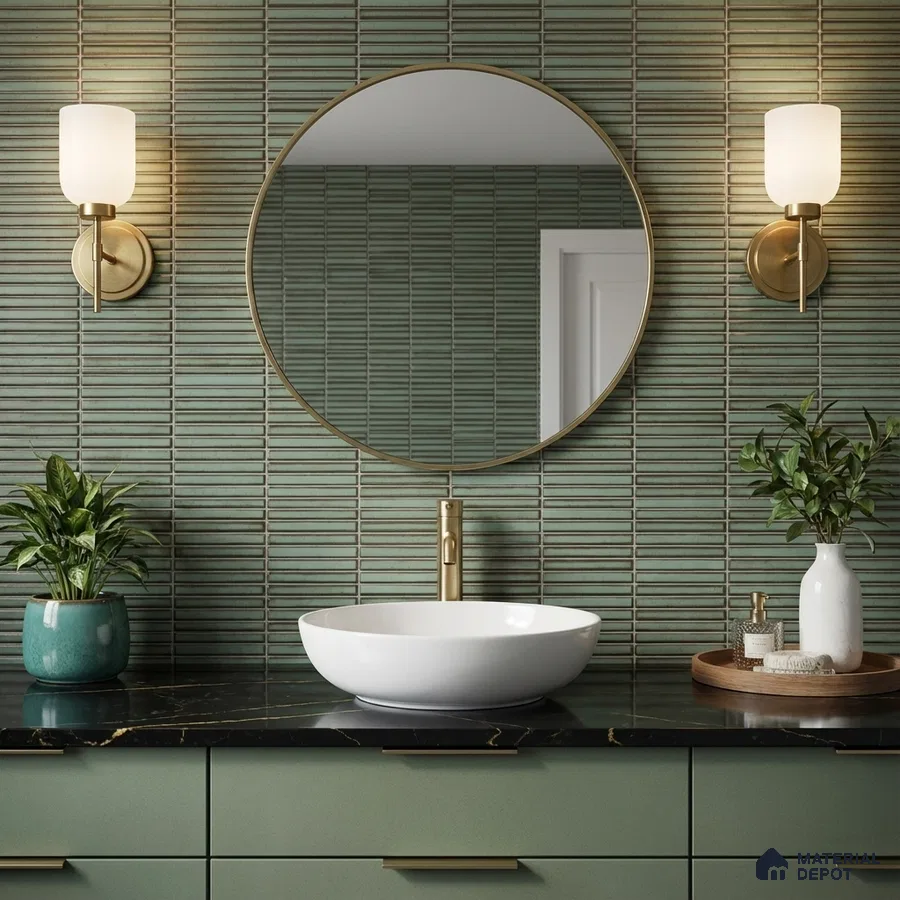 Modern bathroom with sage green kitkat wall tiles, black marble countertop, and sage green vanity