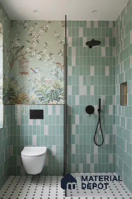 Modern bathroom with sage green kitkat wall tiles, chinoiserie floral wallpaper, and black-and-white geometric floor tiles | Material Depot