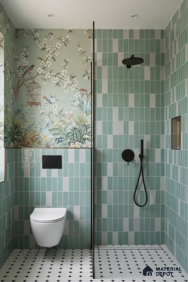 Modern bathroom with sage green kitkat wall tiles, chinoiserie floral wallpaper, and black-and-white geometric floor tiles | Material Depot