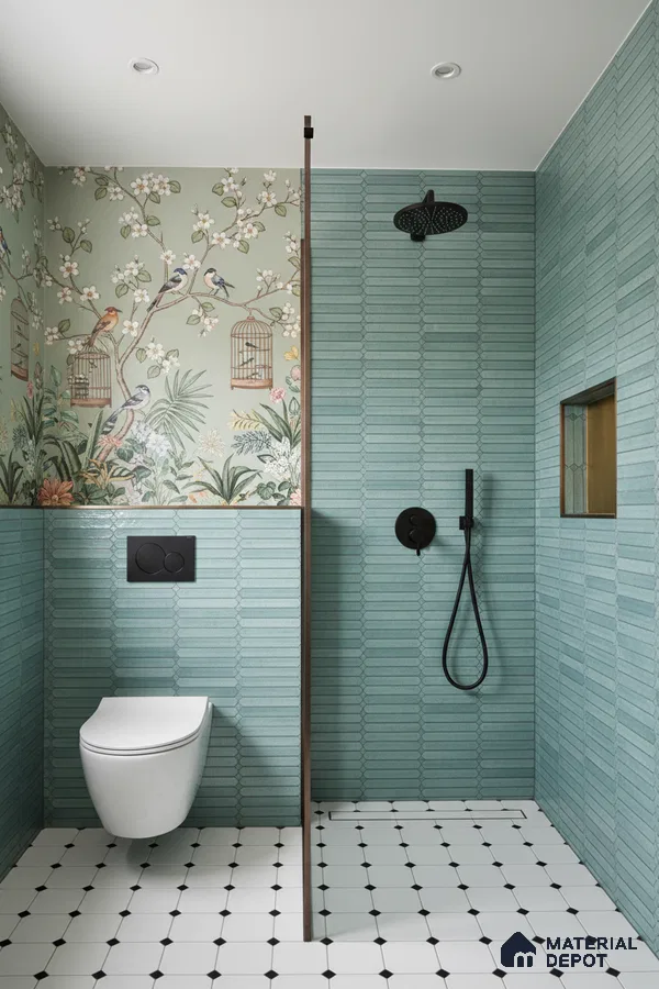 Modern bathroom with sage green kitkat wall tiles, floral wallpaper, and black-and-white geometric floor tiles | Material Depot