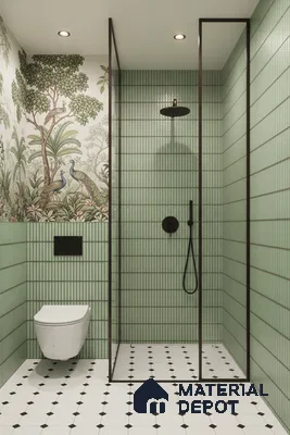Modern bathroom with sage green kitkat wall tiles, nature wallpaper, and white geometric floor tiles | Material Depot