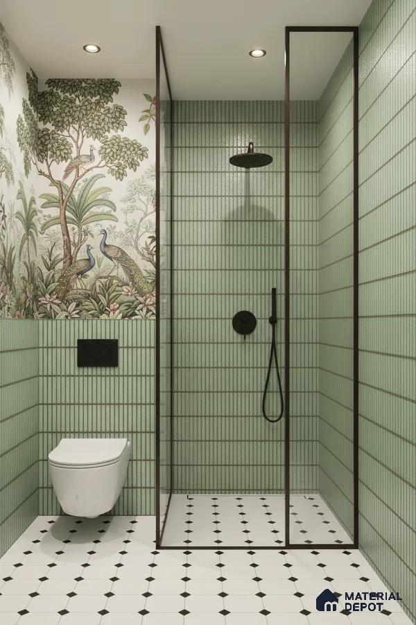 Modern bathroom with sage green kitkat wall tiles, nature wallpaper, and white geometric floor tiles | Material Depot