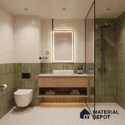 Modern bathroom with sage green kitkat wall tiles, terrazzo floor tiles, and floating wood vanity | Material Depot