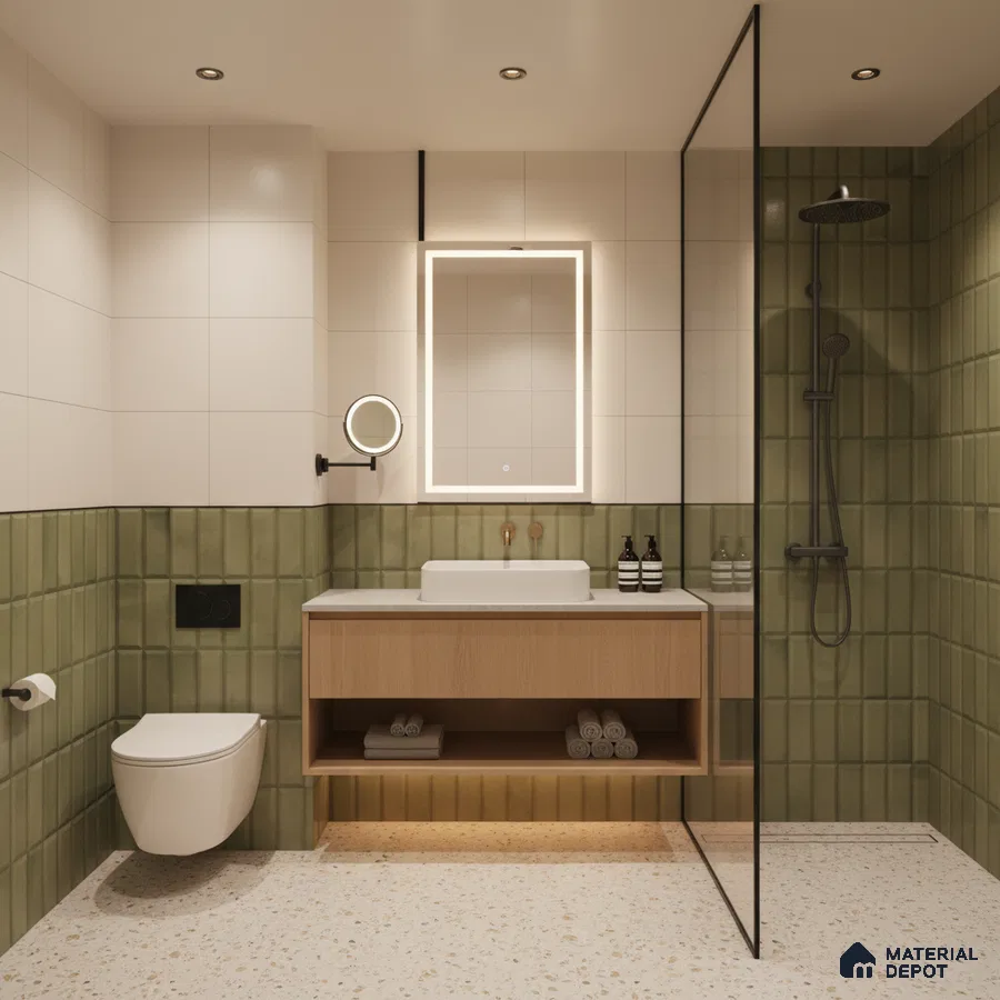 Modern bathroom with sage green kitkat wall tiles, terrazzo floor tiles, and floating wood vanity | Material Depot
