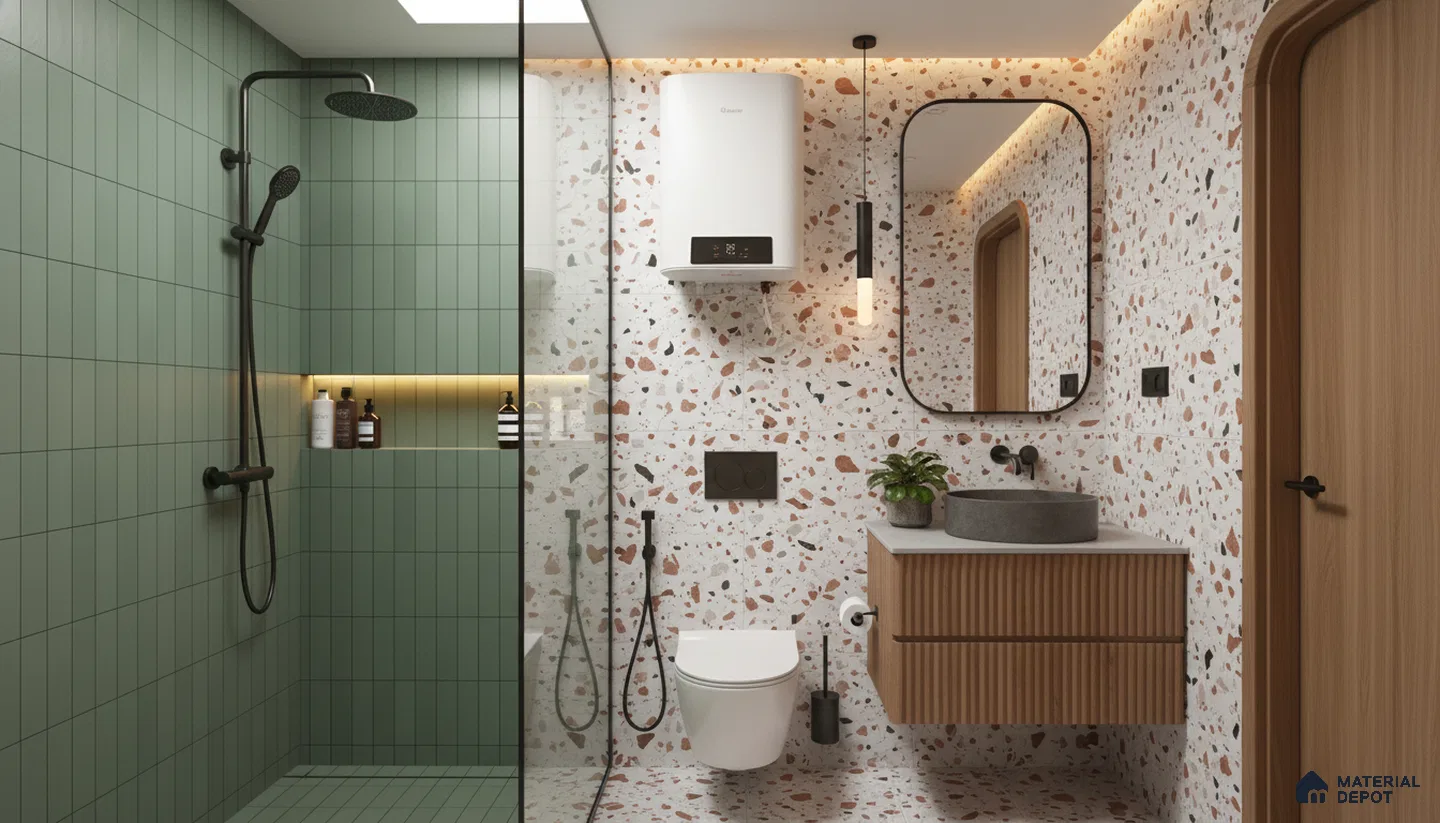 Modern bathroom design with sage green kitkat wall tiles, terrazzo wall and floor tiles, and fluted wood vanity in Bengaluru | Material Depot