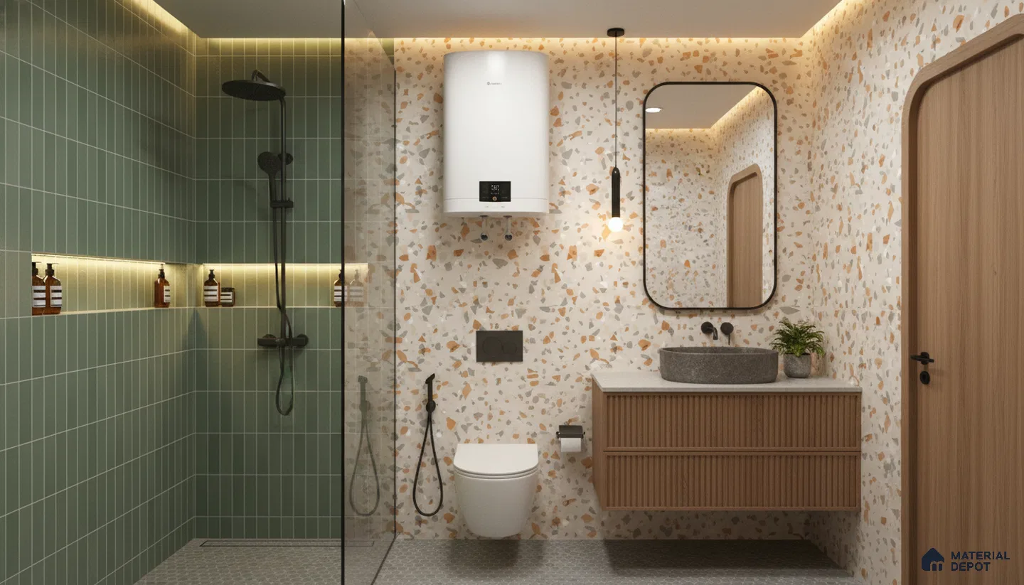 Modern bathroom design with sage green kitkat wall tiles, terrazzo wall tiles, and fluted wood vanity in Bengaluru | Material Depot