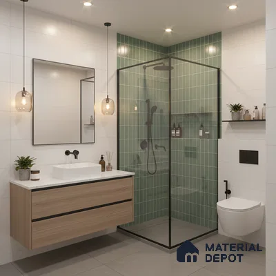 Modern bathroom with sage green kitkat wall tiles, white wall tiles, and wood laminate floating vanity | Material Depot