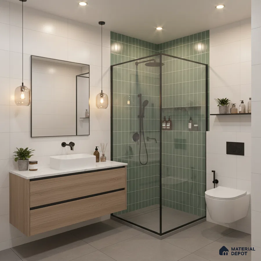 Modern bathroom with sage green kitkat wall tiles, white wall tiles, and wood laminate floating vanity | Material Depot