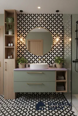 Modern bathroom with sage green laminate vanity, black-and-white geometric tiles, and light oak storage in Bengaluru | Material Depot