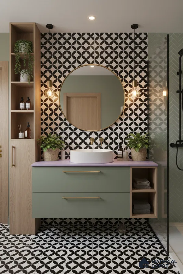 Modern bathroom with sage green laminate vanity, black-and-white geometric tiles, and light oak storage in Bengaluru | Material Depot
