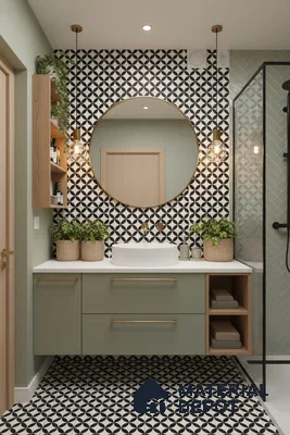 Modern bathroom with sage green laminate vanity, geometric black-and-white patterned tiles, and herringbone wall tiles in Bengaluru | Material Depot