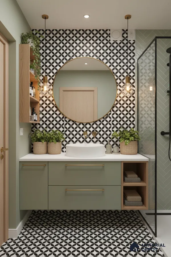 Modern bathroom with sage green laminate vanity, geometric black-and-white patterned tiles, and herringbone wall tiles in Bengaluru | Material Depot