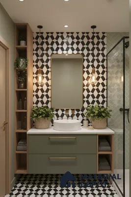 Modern bathroom with sage green laminate vanity, geometric black-and-white wall and floor tiles in Bengaluru | Material Depot