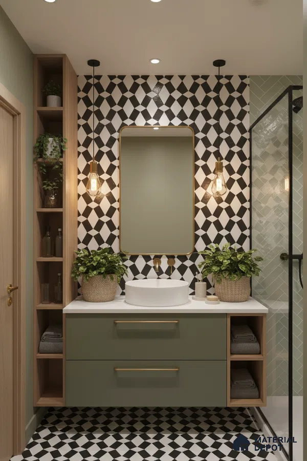 Modern bathroom with sage green laminate vanity, geometric black-and-white wall and floor tiles in Bengaluru | Material Depot