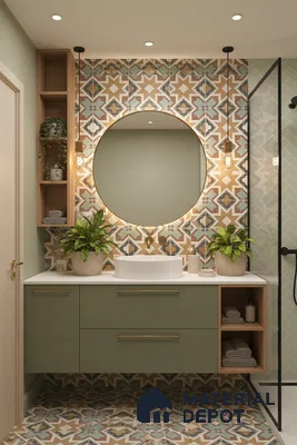 Modern bathroom with sage green laminate vanity, geometric patterned moroccan tiles, and white countertop in Bengaluru | Material Depot