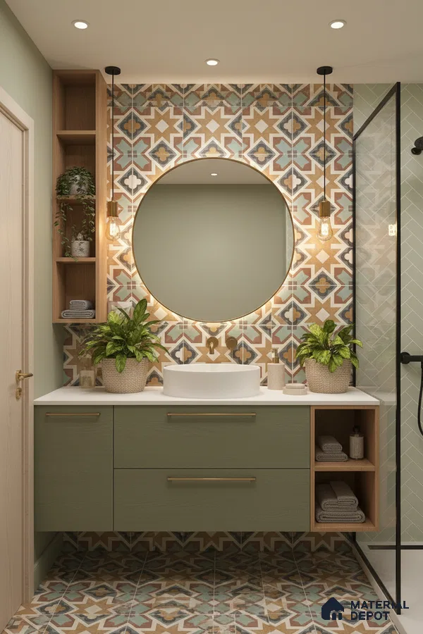 Modern bathroom with sage green laminate vanity, geometric patterned moroccan tiles, and white countertop in Bengaluru | Material Depot