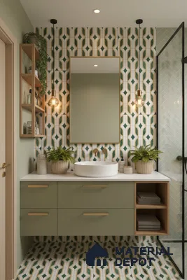 Modern bathroom with sage green laminate vanity, geometric patterned tiles, and white countertop in Bengaluru | Material Depot