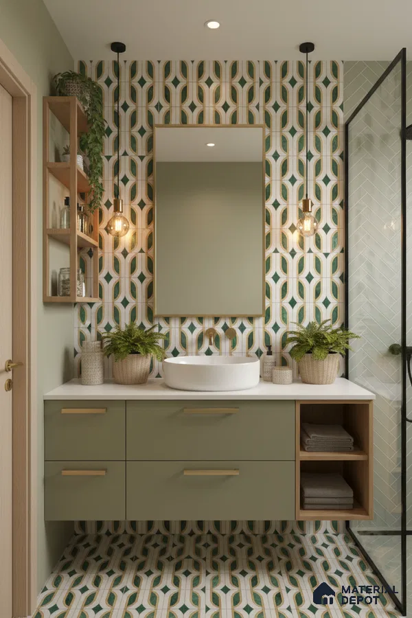 Modern bathroom with sage green laminate vanity, geometric patterned tiles, and white countertop in Bengaluru | Material Depot