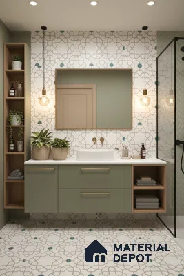 Modern bathroom with sage green laminate vanity, geometric patterned wall and floor tiles, and white countertop in Bengaluru | Material Depot
