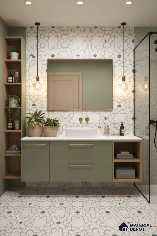 Modern bathroom with sage green laminate vanity, geometric patterned wall and floor tiles, and white countertop in Bengaluru | Material Depot