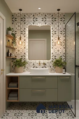 Modern bathroom with sage green laminate vanity, patterned moroccan tiles, and white countertop in Bengaluru | Material Depot